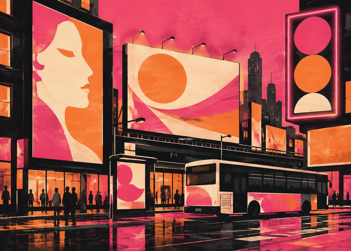 Illustration of hoardings, bus panels and neon light boxes in a city street