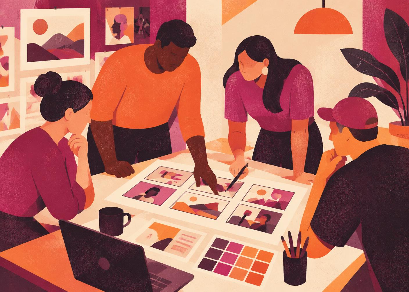 Illustration of a creative team reviewing storyboards and colour swatches together